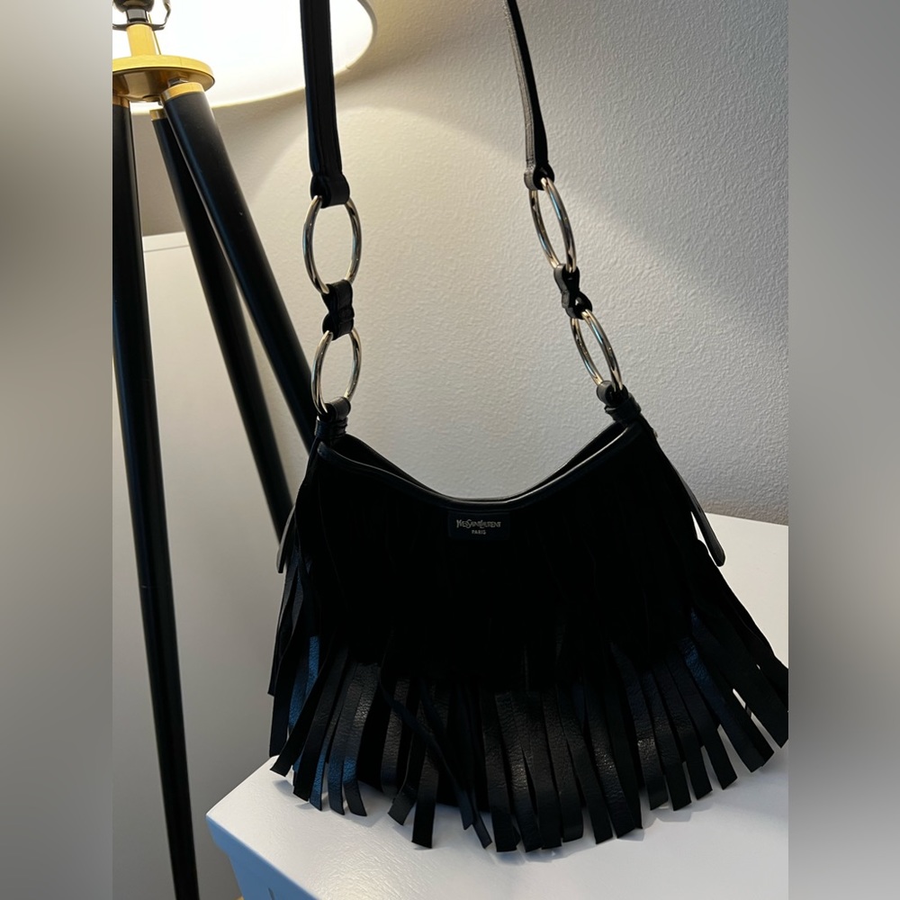 Yves Saint Laurent small black fringed bag with gold detailing